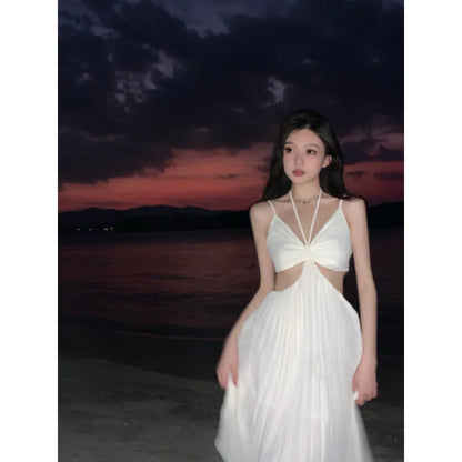 lovwvol Sexy Pleated  Backless Spaghetti Strap Long Dress Women V-neck Vacation Beach A-line Ladies Robe  Summer Casual Clothes