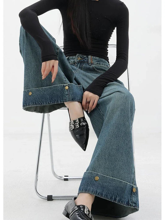 lovwvol Women's Flanged Wide Leg Straight Jeans Cool Girl Vintage Street Style Fashion Pants Female High Waist Loose Denim Trousers