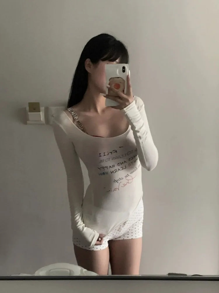 lovwvol Y2k Aesthetic Crop T-shirts Women Vintage Letter Print Korean Streetwear Harajuku Grunge T-shirts Sexy See Through Tops