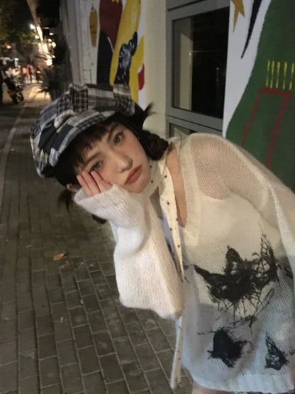 lovwvol  -  Harajuku Vintage Grunge Butterfly Printing Pullovers Women Y2k Aesthetic See Through Jumpers Streetwear Girl Oversized Sweaters