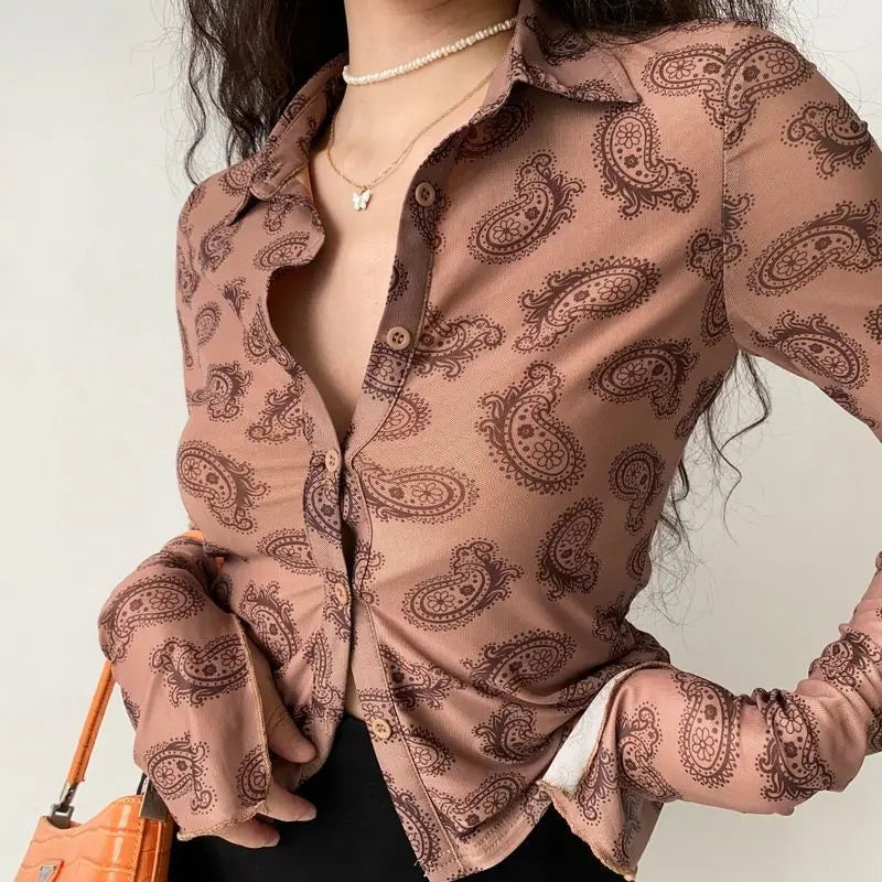 lovwvol Vintage Hippie Blouses Women Y2k 2000s Aesthetic Shirts Flare Long Sleeve Female Cropped Retro Printed Tops Streetwear