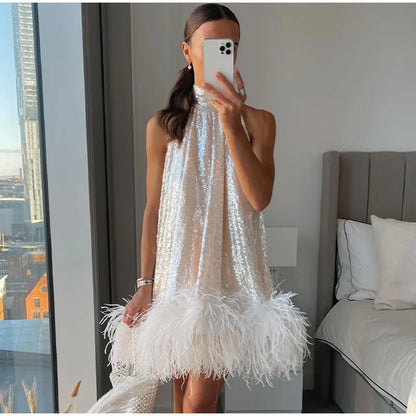 Hanging Neck Sequined Dress For Women Fashion Sleeveless Mini Dress Sparkling Hem Slim Temperament Night Gowns Vestidos