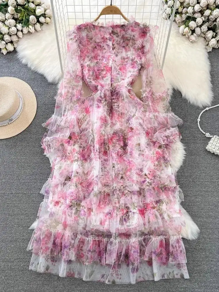 Fashion Gorgeous Flower Mesh Cascading Ruffles Dress Women's Stand Butterfly Sleeve Pink Floral Print Fairy Maxi Vestido