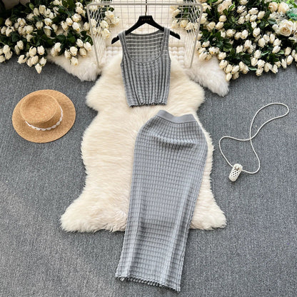 lovwvol Summer Women Fashion Skirt Set Sexy Sleeveless Tank Tops High Waist Slim Long Saya Female Two Piece Suits Knit Solid Clothes