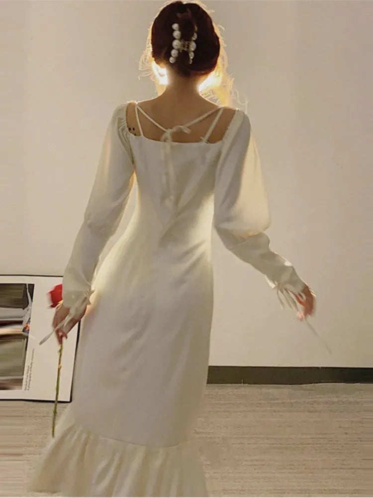 lovwvol Summer New Style Retro Sweet one-shoulder Square Neck Puff Sleeve Trumpet Dress Women Sexy Folds White Vintage Wedding Dresses