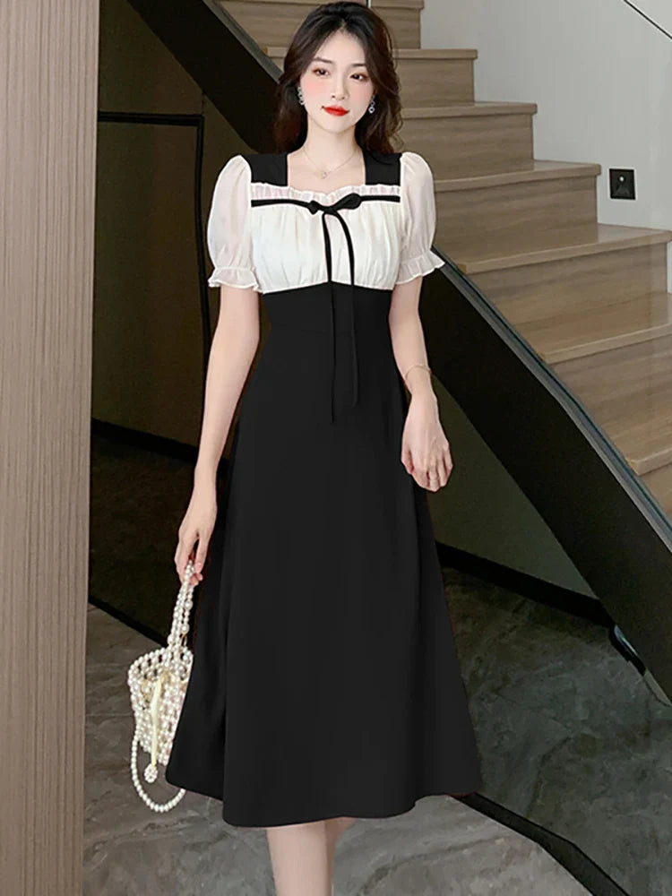 lovwvol  2024 Black Patchwork Puff Sleeve Bow Ruffled Collar Midi Dress Women Korean Vintage Hepburn Robe Summer Elegant and Pretty Dress