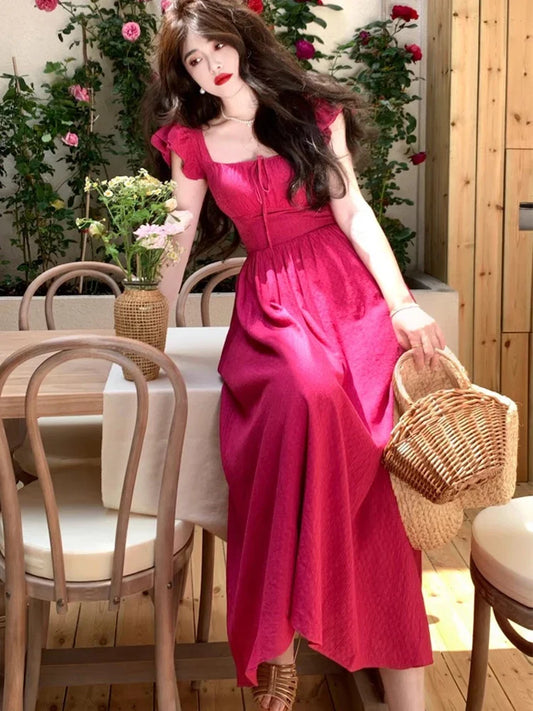 Summer Elegant Women Sweet Party Midi Holiday Dresses Casual Female Lace Up Robe