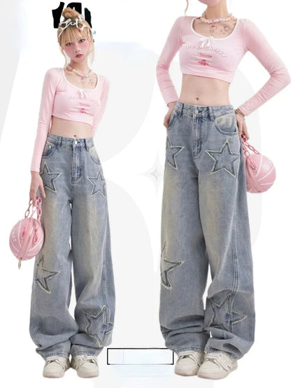 lovwvol Y2K 90s Streetwear Star Jeans Women Vintage Distressed Blue Baggy Denim Pants American Retro Wide Trousers Korean Style