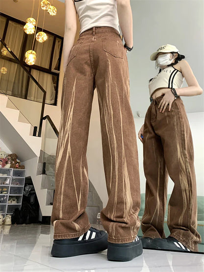 lovwvol Women's Vertical Tie Dyed Brown Thin Jeans Young Girl Summer New Bottoms Casual Trousers Female Straight Narrow Cut Pants