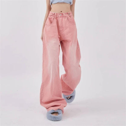 lovwvol Women's High Waisted Button Design Straight Jeans Cool Girl Wide-leg Denim Trousers Vintage Bottoms Female Do Old Gradient Pants