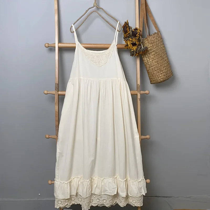 Summer Cotton Spaghetti Straps Sleeveless Midi Dress Mori Girl Elegant Vintage Edwardian Lace Layered Flare White Sun Dress