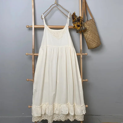 Summer Cotton Spaghetti Straps Sleeveless Midi Dress Mori Girl Elegant Vintage Edwardian Lace Layered Flare White Sun Dress