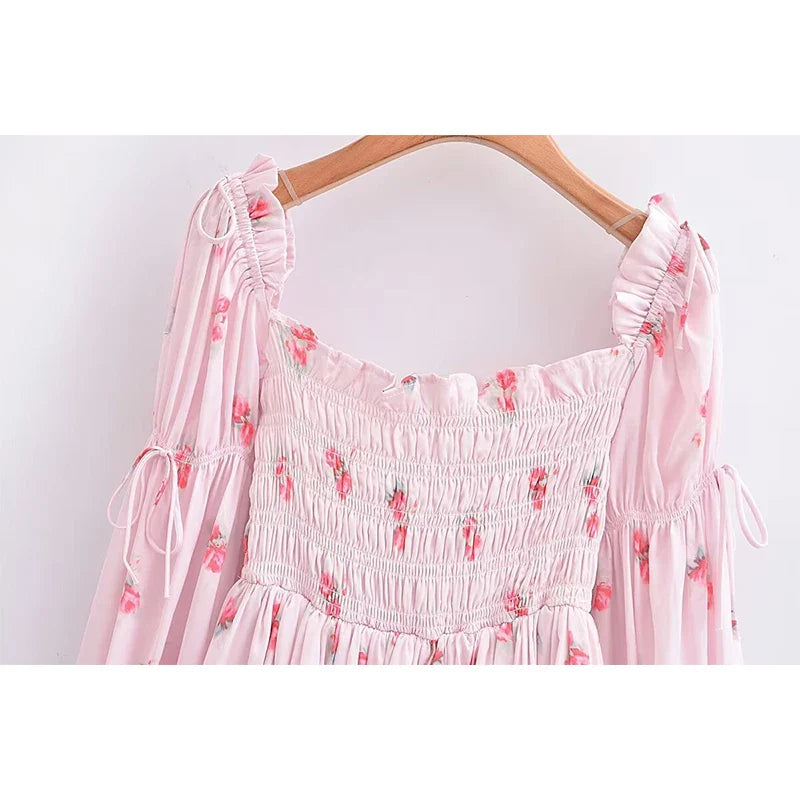 lovwvol Sweet Pink Floral Print Satin Sexy Off Shoulder Dress Women Long Sleeve Holiday Party Mini Dresses Princess Fairy Robe