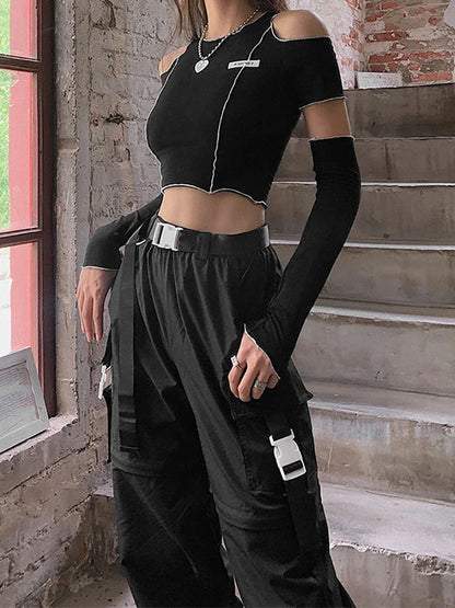 E-girl Style Patchwork Black T-shirts Gothic Open Shoulder Sleeve Y2k Crop Tops Ruffles Hem Hip Hop Techwear Women Tee