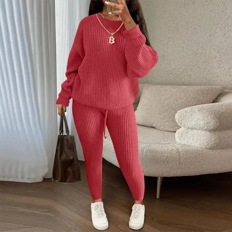 lovwvol  -  Winter Two Piece Sets Women Clothing Autumn Fashion Casual Solid Round Neck Pullover Loose Pit Knitted Sweater Pants Suits