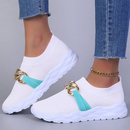 Metal Chain Breathable Mesh Flats Women Autumn Slip On White Sneakers Woman Plus Size 43 Comfy Soft Sole Casual Shoes