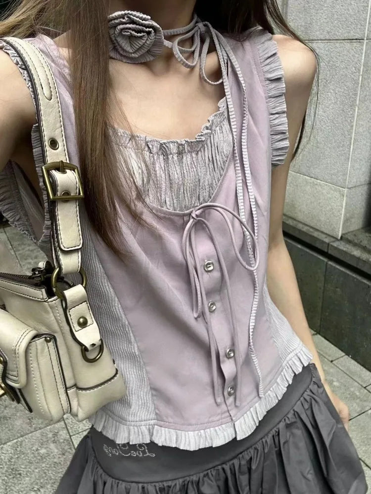 Summer Patchwork Contrast Color Tanks Women Harajuku Bandage Sleeveless Tops Fairy Korean Fashion Casual Camisole Y2k Aesthetic