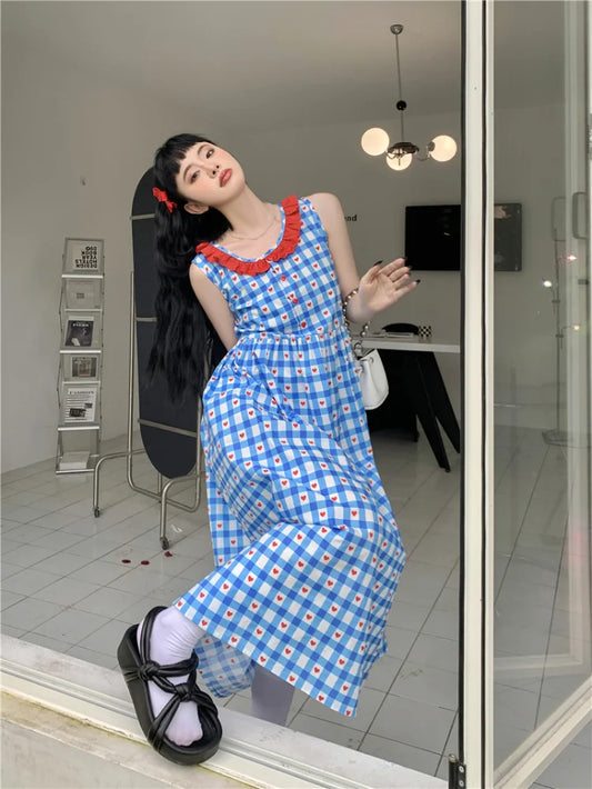 lovwvol French Robe Age Reduction American Vintage Y2k Dress Sweet Plaid Dresses Summer Female Fashion Vestidos Para Mujer