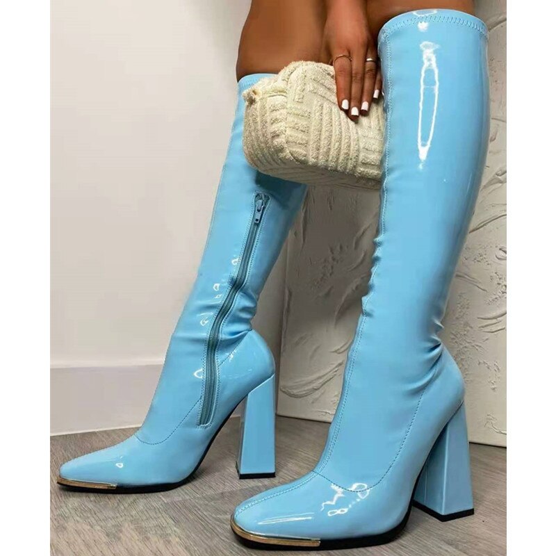 Luxury Sexy Women Knee-high Modern Boots Fashion Square Toe Shiny Leather High Heel Shoes Size 36-43 Female Boots Botas De Mujer