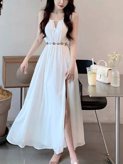 lovwvol Summer Beach White Midi Dress Women Casual Sleeveless Slim Even Party Dress Office Lady Elegant Formal Dress Korean Chic