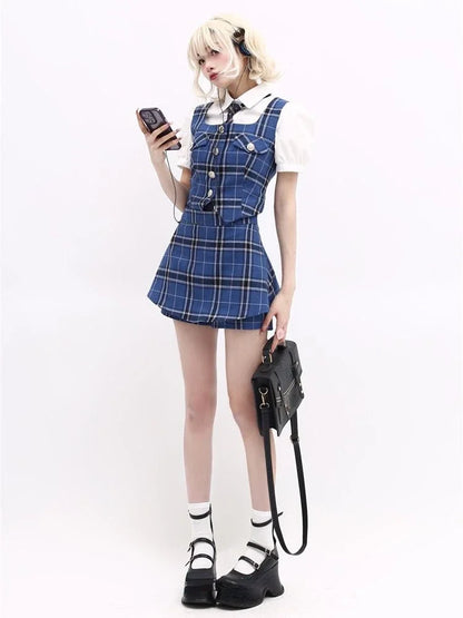 lovwvol Summer Preppy Style Bule Plaid Vintage 3 Piece Skirt Set Women Casual Retro Tops Y2k Vest Slim Mini Skrits Korean Fashion Suits