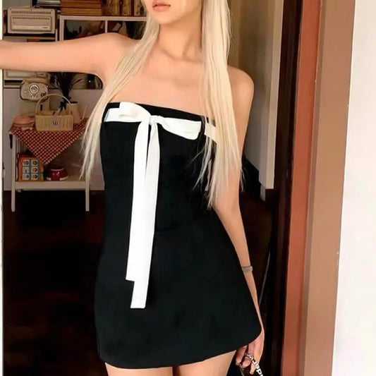 lovwvol  -  Slimming Bow Tie Tube Top Backless Mini Dresses For Women Y2k Sexy Sleeveless Black Patchwork Dress Party Night Club Outfits