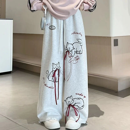 lovwvol  -  Preppy Style Cartoon Cat Print Femme Vintage Wide Leg Pants for Women Causal Y2k Aesthetic Bow Trousers Harajuku Loose Bottoms