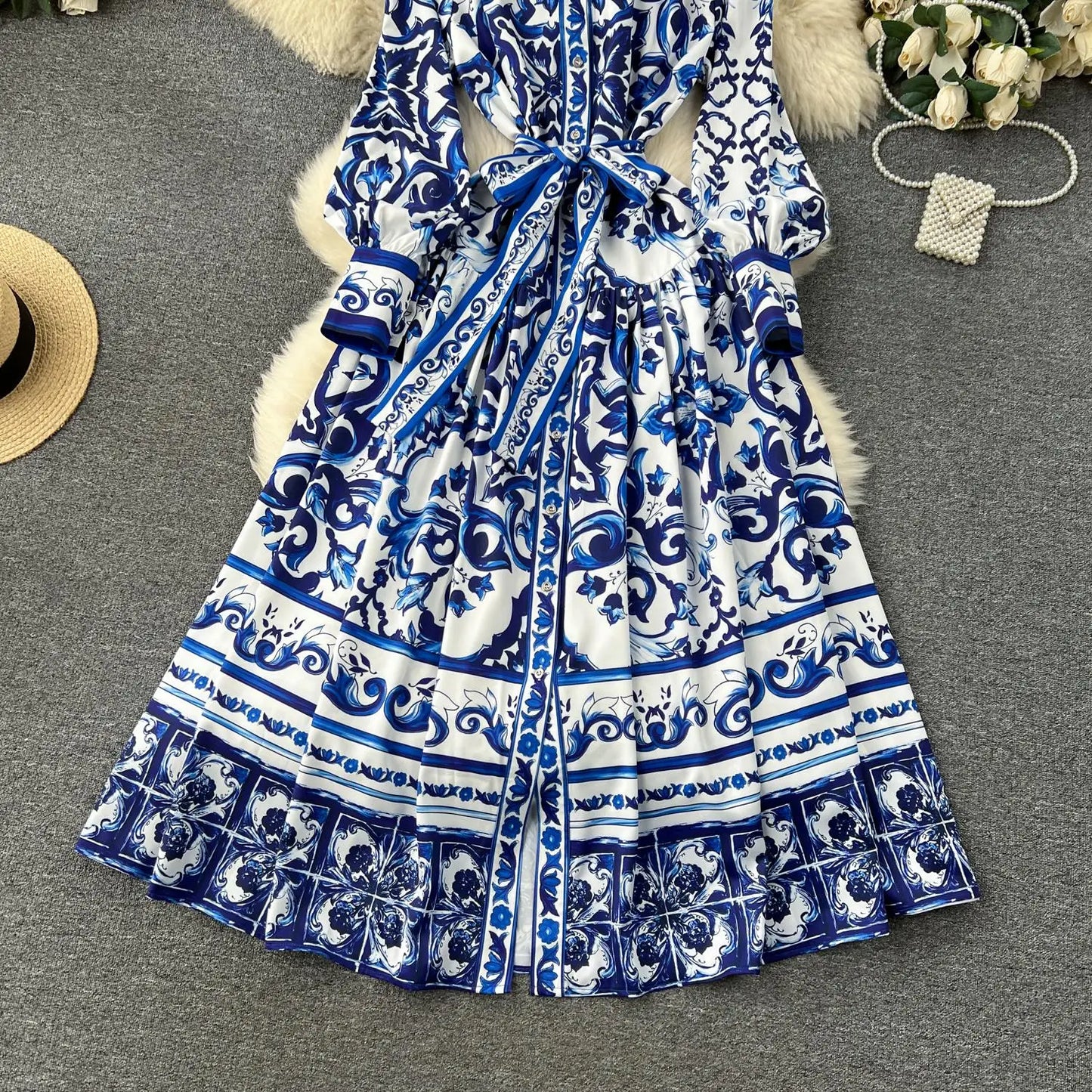 lovwvol Spring Runway Blue And White Porcelain Dress Women's Stand Long Lantern Sleeve Flower Print Lace Up Beach Robe