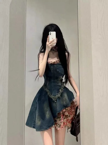 lovwvol  -  French Fashion Spicy Girl Strapless Denim Dress Women's Summer High-end Feeling Waist Cinching Slimming Dresses