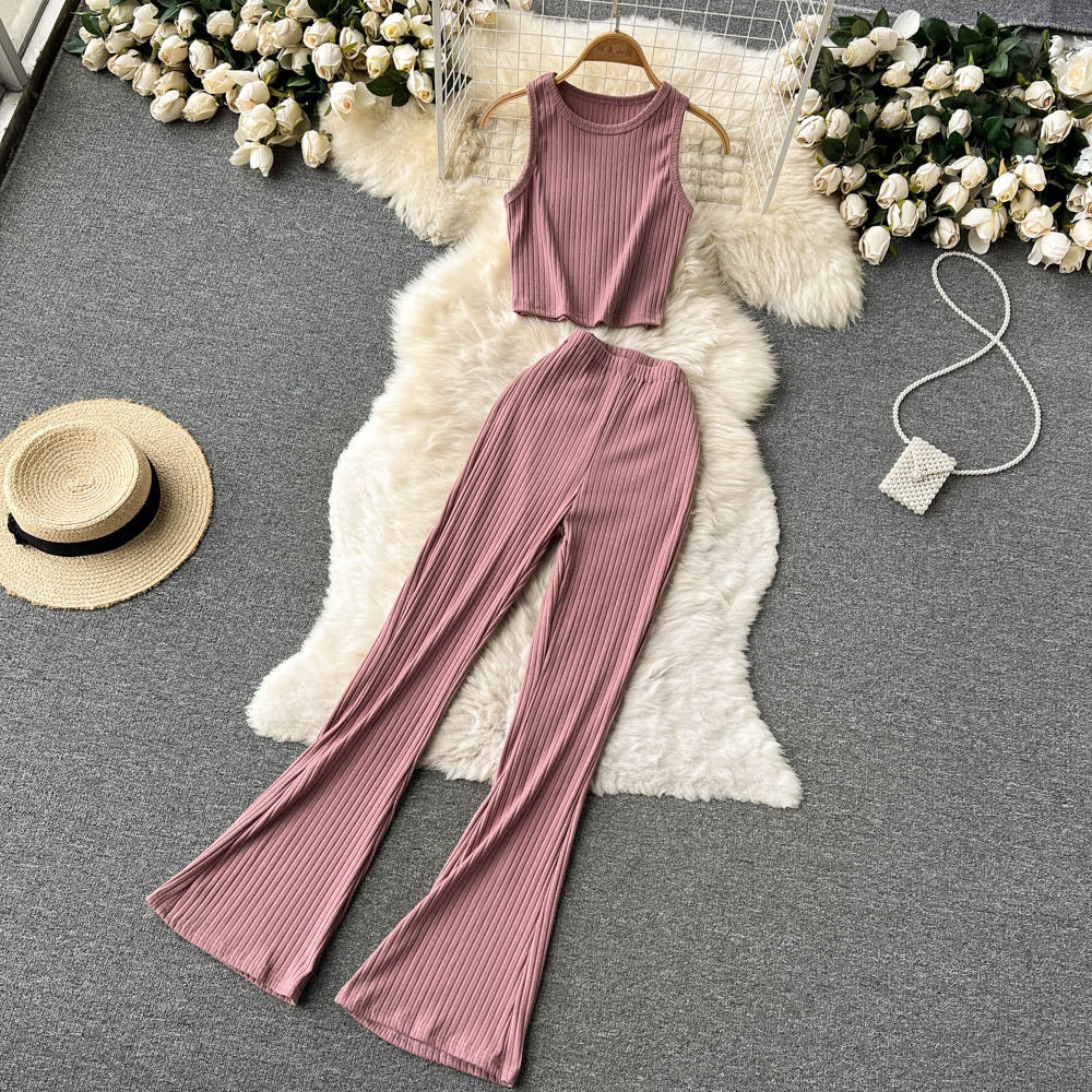 lovwvol Women Casual Pants Set Fashion Bodycon Slim Short Tank Top +Striped Wide Legs Long Pants Solid Summer Two Piece Suit