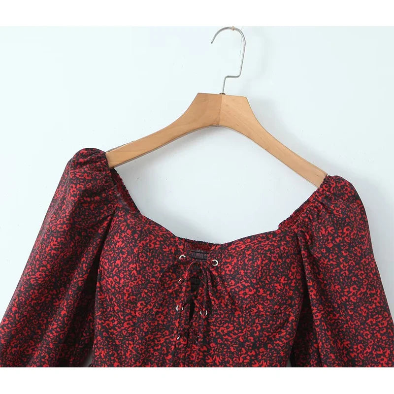 lovwvol  2024 Women Front Lacing Up Wine Red Floral Print Dress Vintage Puff Sleeve Layered Ruffle Hem Cake Mini Dress Holiday