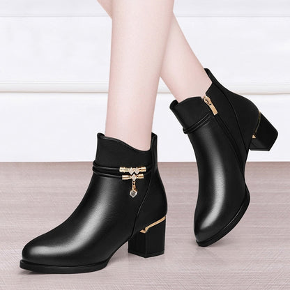 Women Genuine Sheepskin Leather Ankle Boots Casual Autumn Winter Thick High Heels New Chelsea Booties Shoes Korean Fashion M0124