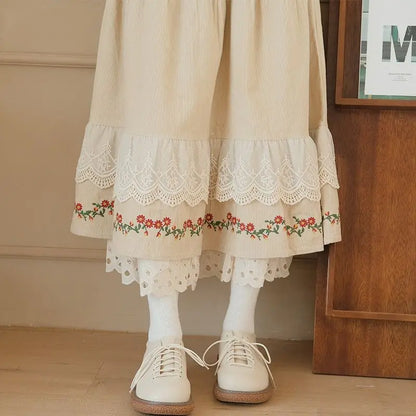 lovwvol Vintage Lace Splice Half Skirt New Khaki Half Skirts for Woman Sweet Age Reduction Embroidery Flower Fashion Long Dress