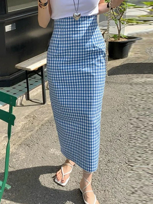 lovwvol French Vintage Long Skirt Contrast Color Checkered Skirts Female High-waisted Slim Package Hip Skirt Vintage Fashion Faldas