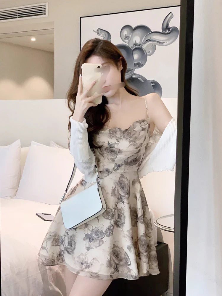 lovwvol Vintage Y2k Mini Dress Women Basic French Floral Party Strap Dress Female Sexy Slim One Piece Dress Korean Fashion Summer