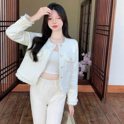 Korean Fashion Plaid Tweed Jacket Women White Round Neck Cropped Tassel Coat Autumn Single Breasted Office Lady Outwear