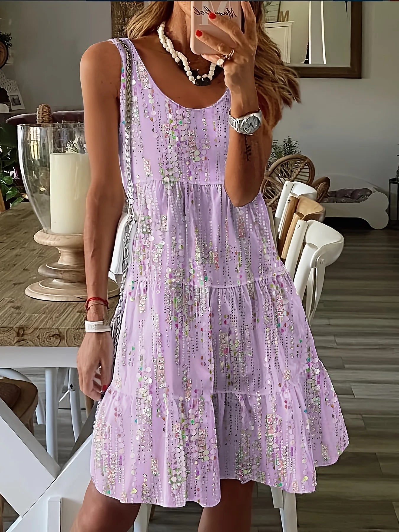 lovwvol Spring and summer new casual fashion floral print loose round neck sleeveless mid-length dress