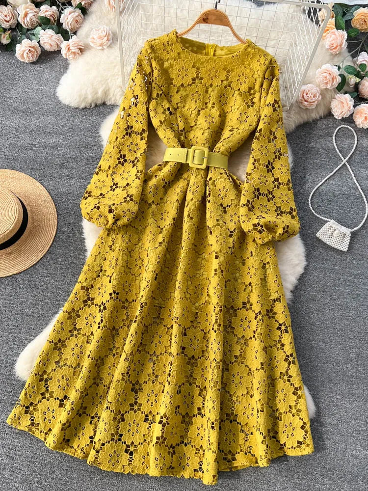 lovwvol Spring Autumn Women Hook Flower Hollow Party Long Dress Vintage Round Neck Puff Sleeve High Waist A-Line Maxi Vestidos New 2024