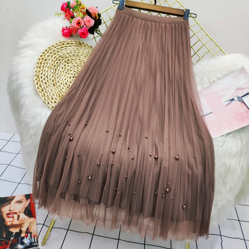 lovwvol Both Sides Wear Pearls Mesh Skirt Women Summer Velvet High Waist Long Skirts Woman Solid Color A Line Pleated Skirts