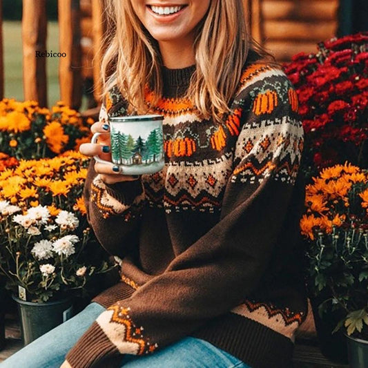 Boho Pumpkin Knitted Pullovers Women Christmas Ladies Ethnic Warm Sweaters Female Loose Autumn Winter New Fashion