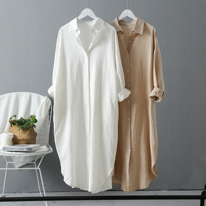 Women's Long Sleeve Shirt Midi Dress Summer Casual Cotton  Korean Solid  Buttons Loose Clothes Robe Femme Vestido Ladies Office