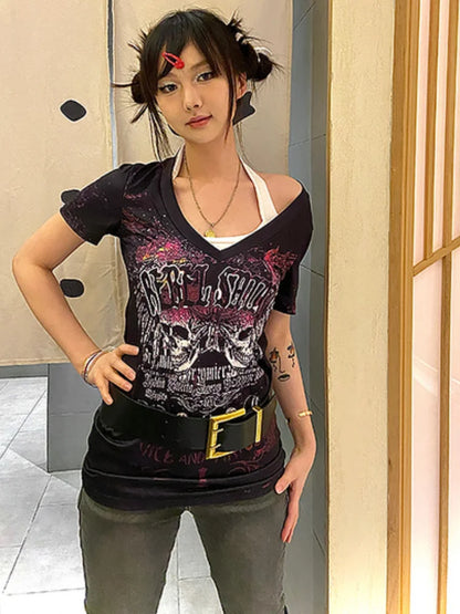 lovwvol  -  Gothic Punk T-shirt Women Y2k Aesthetics V Neck Slim Tops Summer Harajuku Fairy Grunge Streetwear Vintage Tshirt Camisetas Tees