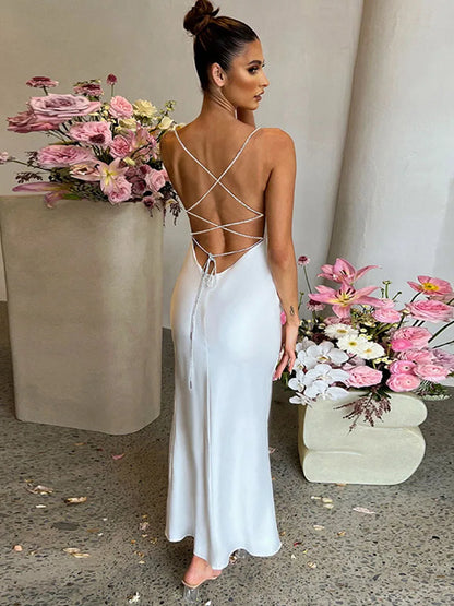 Sexy Split Spaghetti Strap Backless Maxi Dress Women Evening Lace Up Party Dresses Woman Pure Color Prom Clothes Robes