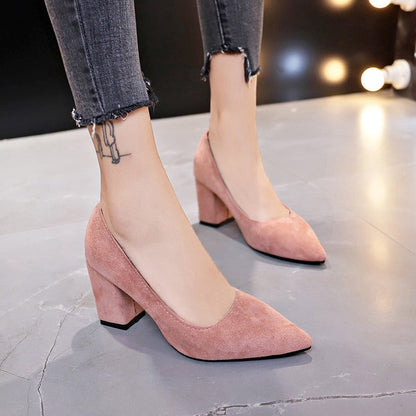 New Women Pumps Flock Sweet Thick High Heels Female Sexy Office Pointed Toe Dress Work Pump Cute Shoes Ladies Footwear