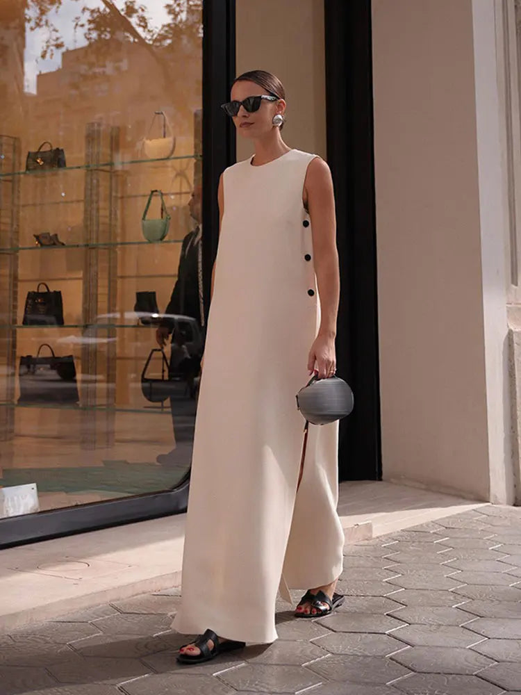 lovwvol Women Elegant Side Buttons Split Maxi Dress Fashion O-neck Sleeveless Solid Dresses Summer Female Casual Loose Street Robes