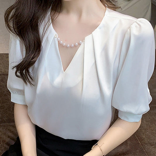 Blouses Top Femme Short Sleeve Blouse Women Blusas Mujer De Moda Verano Beading V-Neck Chiffon White Blouse Shirt Tops E800