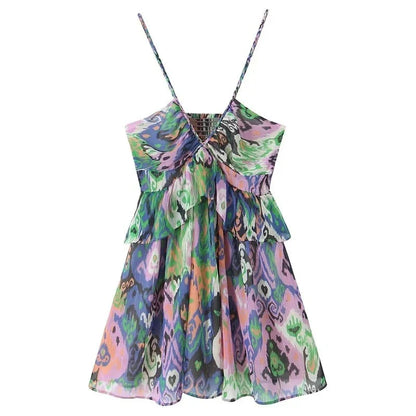 Print Ruffle Slip Dress Woman Summer Sexy Short Dresses Daring Holiday Beach Mini Dress Women Backless Night Party Dresses