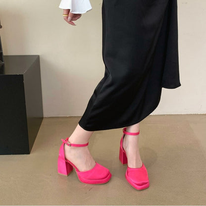 New Silk Wedding Party Women Pumps Sandals Punk Style Platform Buckle Strap Thick Square High Heels Shoes