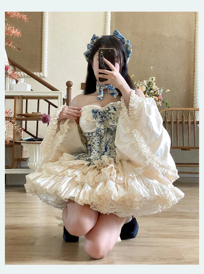 lovwvol New Original Japanese Harajuku Cool Girl Fashion White Blue Dress Female Lolita Temperament Slim Sweet Kawaii Dress