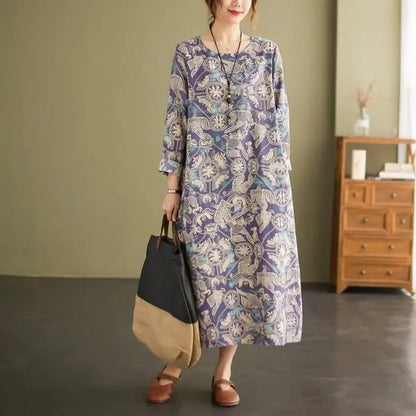 lovwvol Spring New Mid Length Dresses Vintage Geometric Printed Fashion O-Neck Patchwork Pockets Long Sleeve Loose Dress for Women